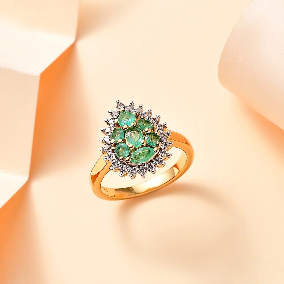 Premium Boyaca Colombian Emerald and White Zircon 1.30 ctw Green Lake Trek Ring in 18K Vermeil Yellow Gold Over Sterling Silver (Size 7.0) image number 1