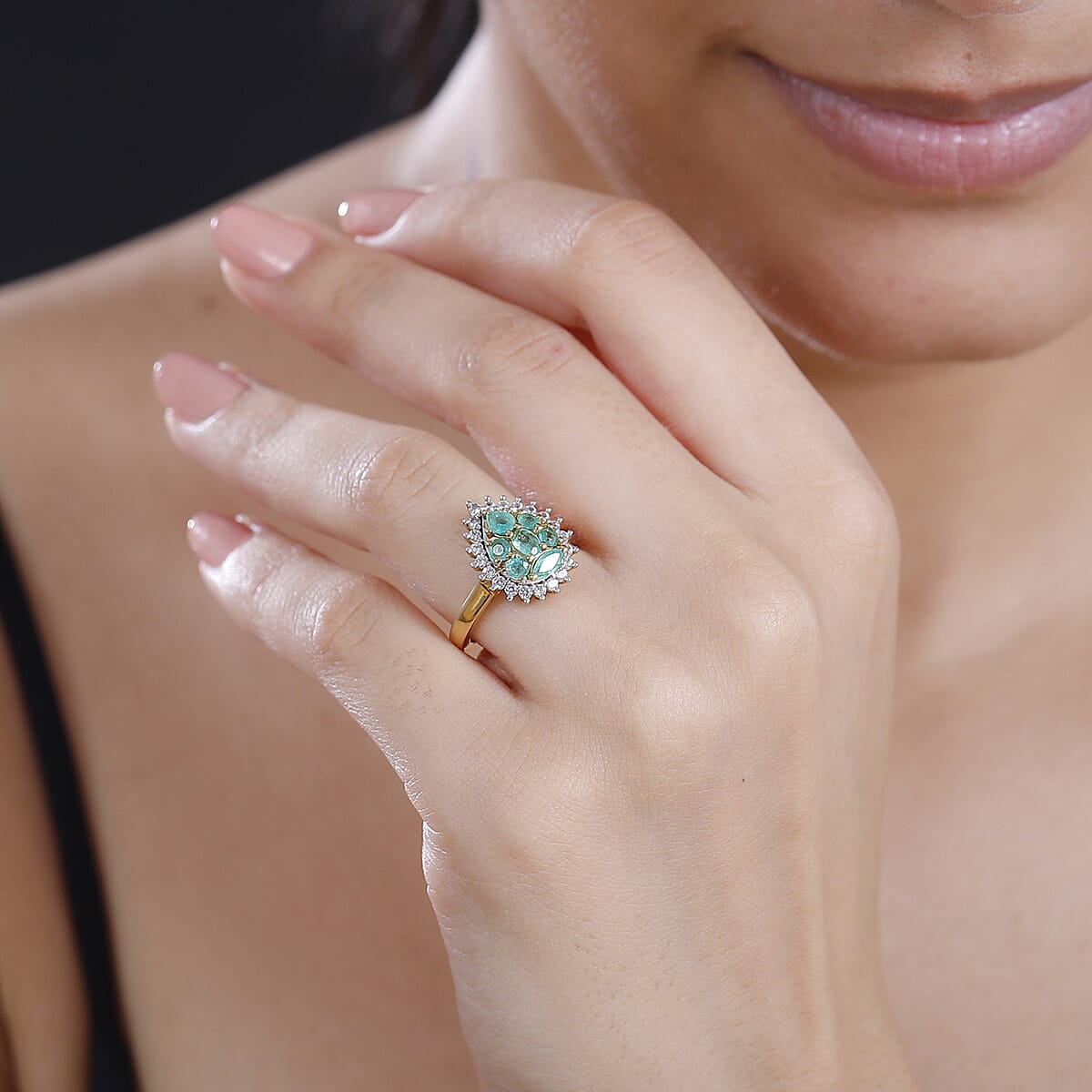 Premium Boyaca Colombian Emerald and White Zircon 1.30 ctw Green Lake Trek Ring in 18K Vermeil Yellow Gold Over Sterling Silver (Size 7.0) image number 2