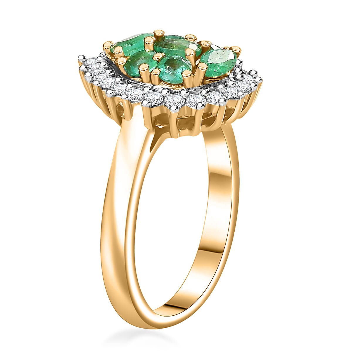 Premium Boyaca Colombian Emerald and White Zircon 1.30 ctw Green Lake Trek Ring in 18K Vermeil Yellow Gold Over Sterling Silver (Size 7.0) image number 3