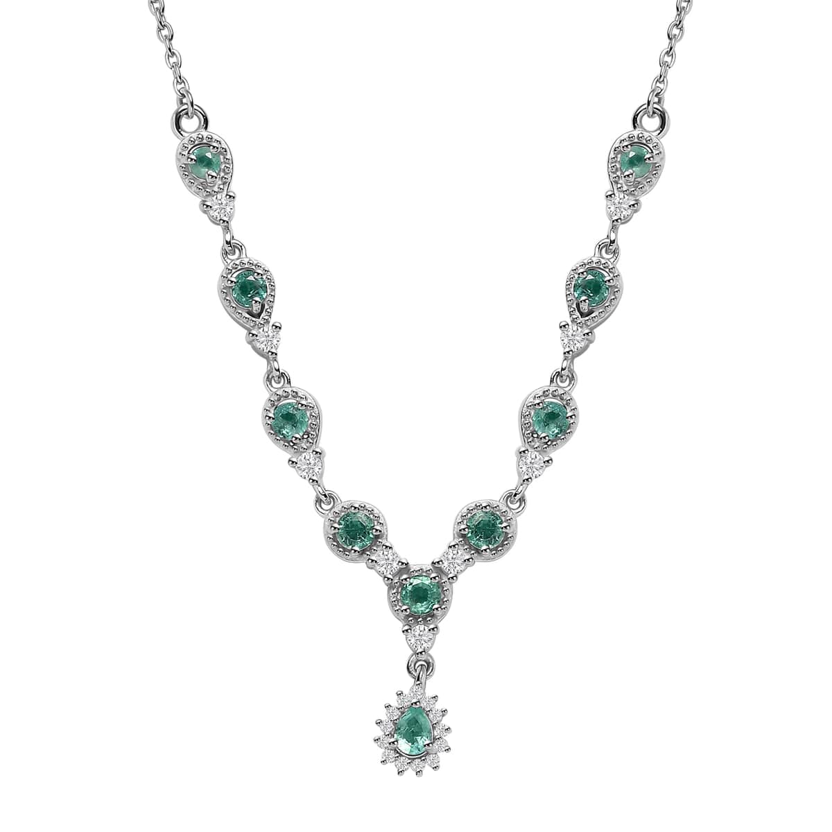 Boyaca Colombian Emerald and White Zircon 1.50 ctw Rain Drop Necklace in Rhodium Over Sterling Silver 18 Inches image number 0