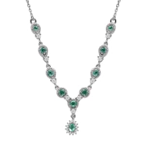 Boyaca Colombian Emerald and White Zircon 1.50 ctw Rain Drop Necklace in Rhodium Over Sterling Silver 18 Inches