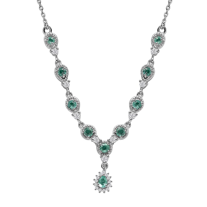 Boyaca Colombian Emerald and White Zircon 1.50 ctw Raindrop Necklace in Rhodium Over Sterling Silver 18 Inches