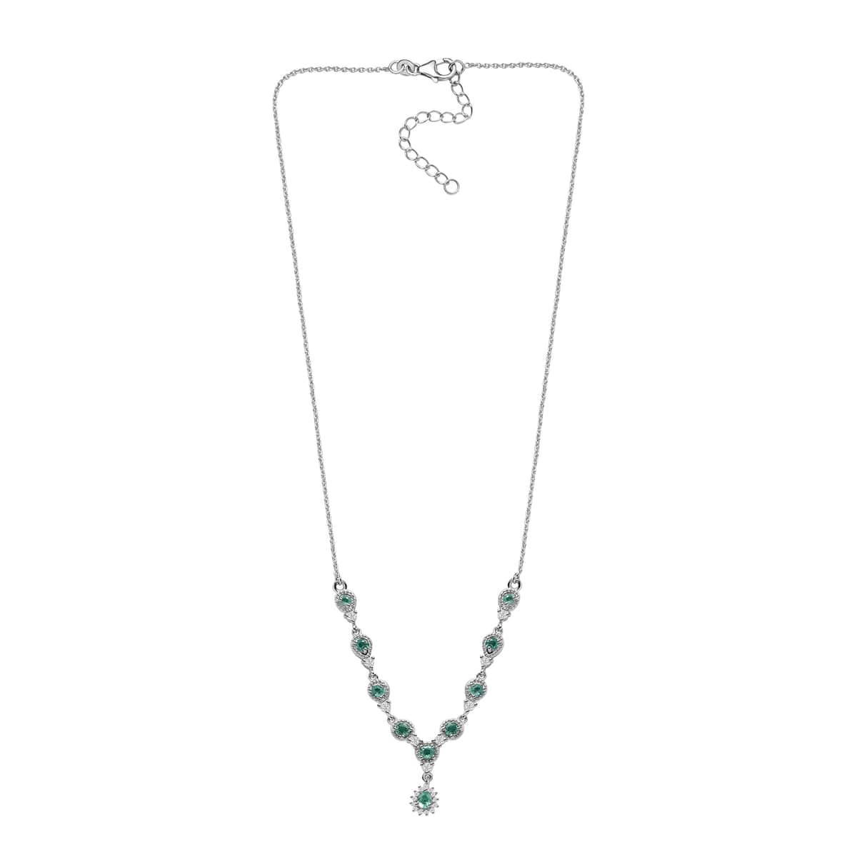 Boyaca Colombian Emerald and White Zircon 1.50 ctw Rain Drop Necklace in Rhodium Over Sterling Silver 18 Inches image number 3