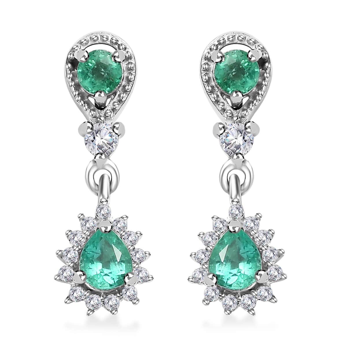 Boyaca Colombian Emerald and White Zircon 0.90 ctw Rain Drop Earrings in Rhodium Over Sterling Silver image number 0