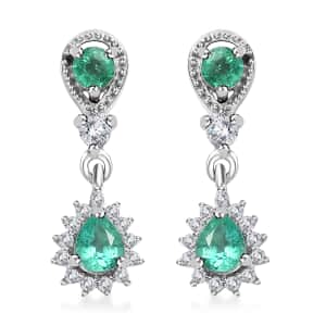 Boyaca Colombian Emerald and White Zircon 0.90 ctw Rain Drop Earrings in Rhodium Over Sterling Silver