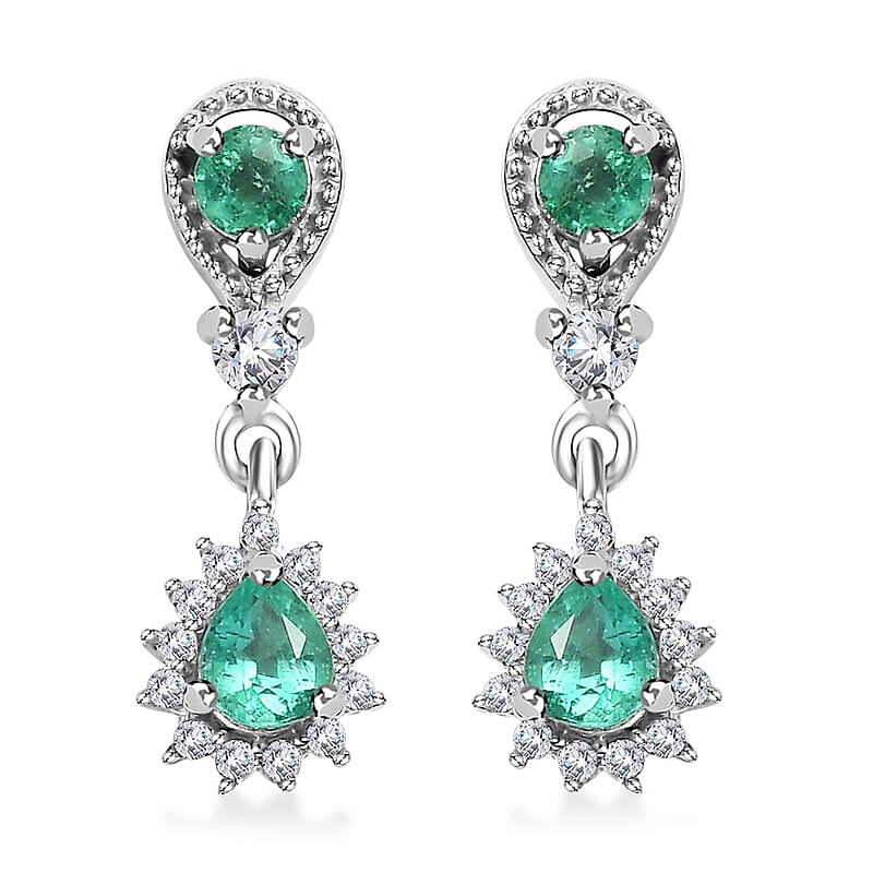 D'Joy Boyaca Colombian Emerald and White Zircon 0.90 ctw Raindrop Earrings in Rhodium Over Sterling Silver