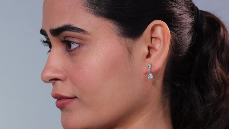 D'Joy Boyaca Colombian Emerald and White Zircon 0.90 ctw Raindrop Earrings in Rhodium Over Sterling Silver