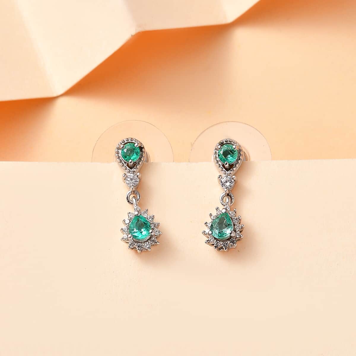 Boyaca Colombian Emerald and White Zircon 0.90 ctw Rain Drop Earrings in Rhodium Over Sterling Silver image number 1