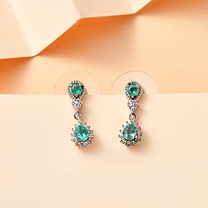 D'Joy Boyaca Colombian Emerald and White Zircon 0.90 ctw Raindrop Earrings in Rhodium Over Sterling Silver