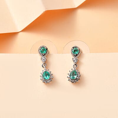 D'Joy Boyaca Colombian Emerald and White Zircon 0.90 ctw Raindrop Earrings in Rhodium Over Sterling Silver