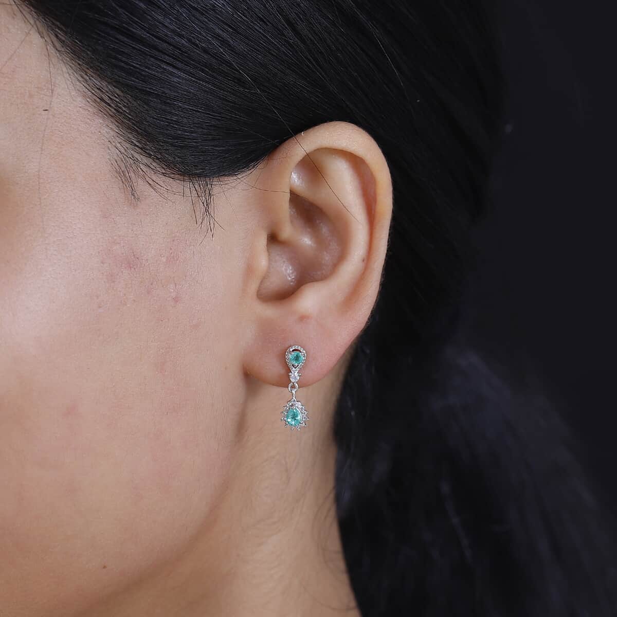 Boyaca Colombian Emerald and White Zircon 0.90 ctw Rain Drop Earrings in Rhodium Over Sterling Silver image number 2