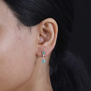 D'Joy Boyaca Colombian Emerald and White Zircon 0.90 ctw Raindrop Earrings in Rhodium Over Sterling Silver