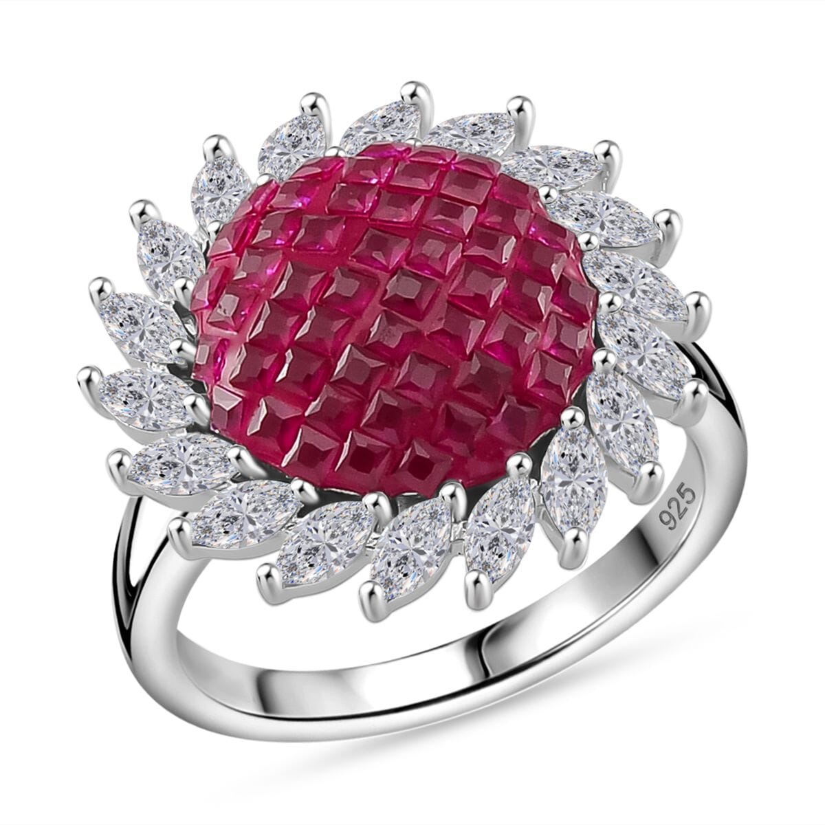 Simulated White and Ruby Color Diamond Ring in Rhodium Over Sterling Silver (Size 10.0) image number 0