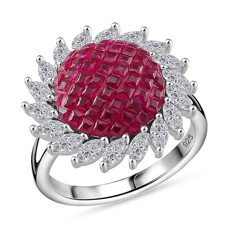 Simulated White and Ruby Color Diamond Scarlet Sunburst Ring in Rhodium Over Sterling Silver (Size 10.0)