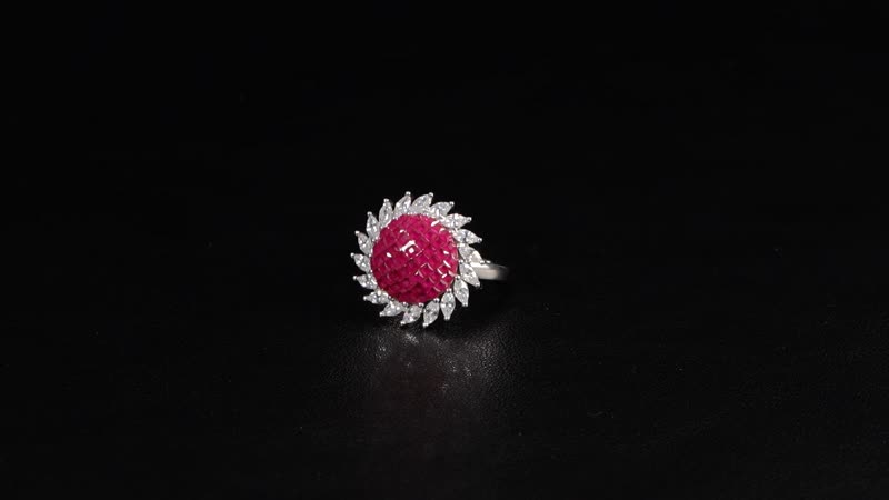 Simulated White and Ruby Color Diamond Sunflower Ring in Rhodium Over Sterling Silver (Size 10.0)