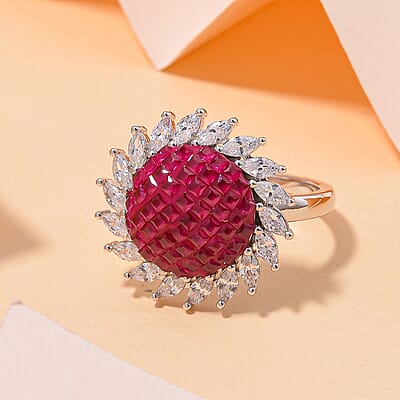 Simulated White and Ruby Color Diamond Scarlet Sunburst Ring in Rhodium Over Sterling Silver (Size 10.0)