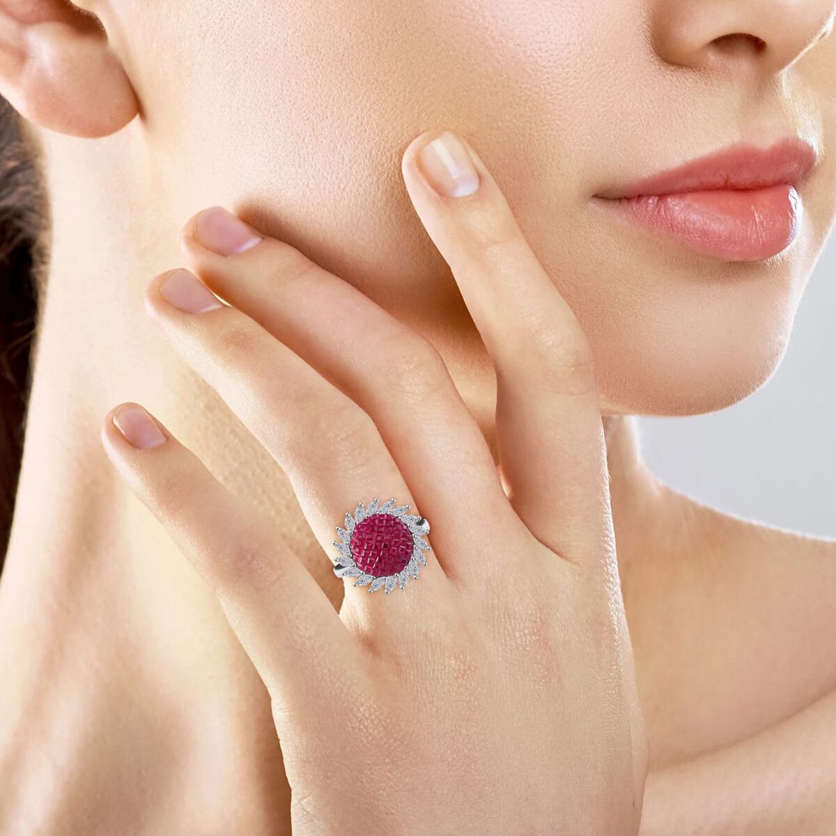 Simulated White and Ruby Color Diamond Ring in Rhodium Over Sterling Silver (Size 10.0) image number 2