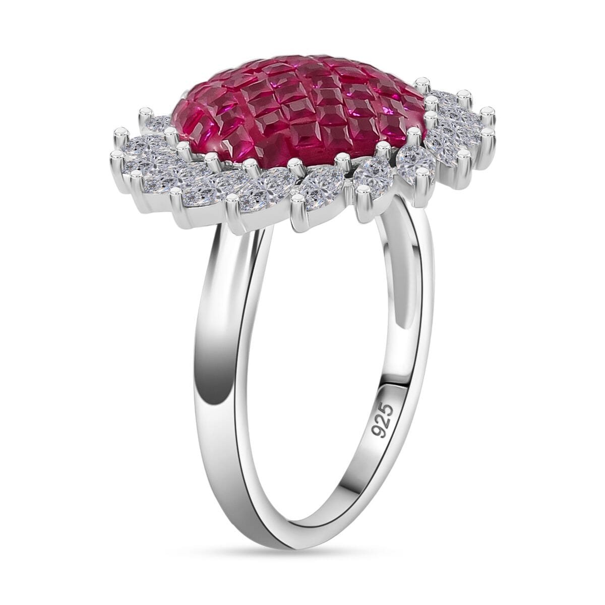 Simulated White and Ruby Color Diamond Ring in Rhodium Over Sterling Silver (Size 10.0) image number 3