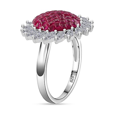 Simulated White and Ruby Color Diamond Scarlet Sunburst Ring in Rhodium Over Sterling Silver (Size 10.0)