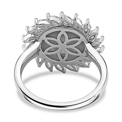 Simulated White and Ruby Color Diamond Scarlet Sunburst Ring in Rhodium Over Sterling Silver (Size 10.0)