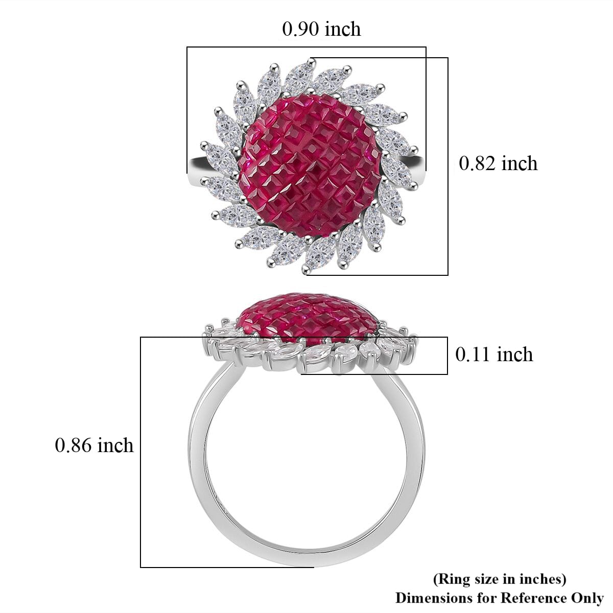 Simulated White and Ruby Color Diamond Ring in Rhodium Over Sterling Silver (Size 10.0) image number 5