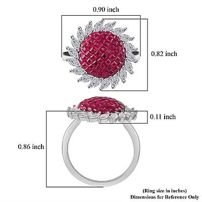 Simulated White and Ruby Color Diamond Scarlet Sunburst Ring in Rhodium Over Sterling Silver (Size 10.0)
