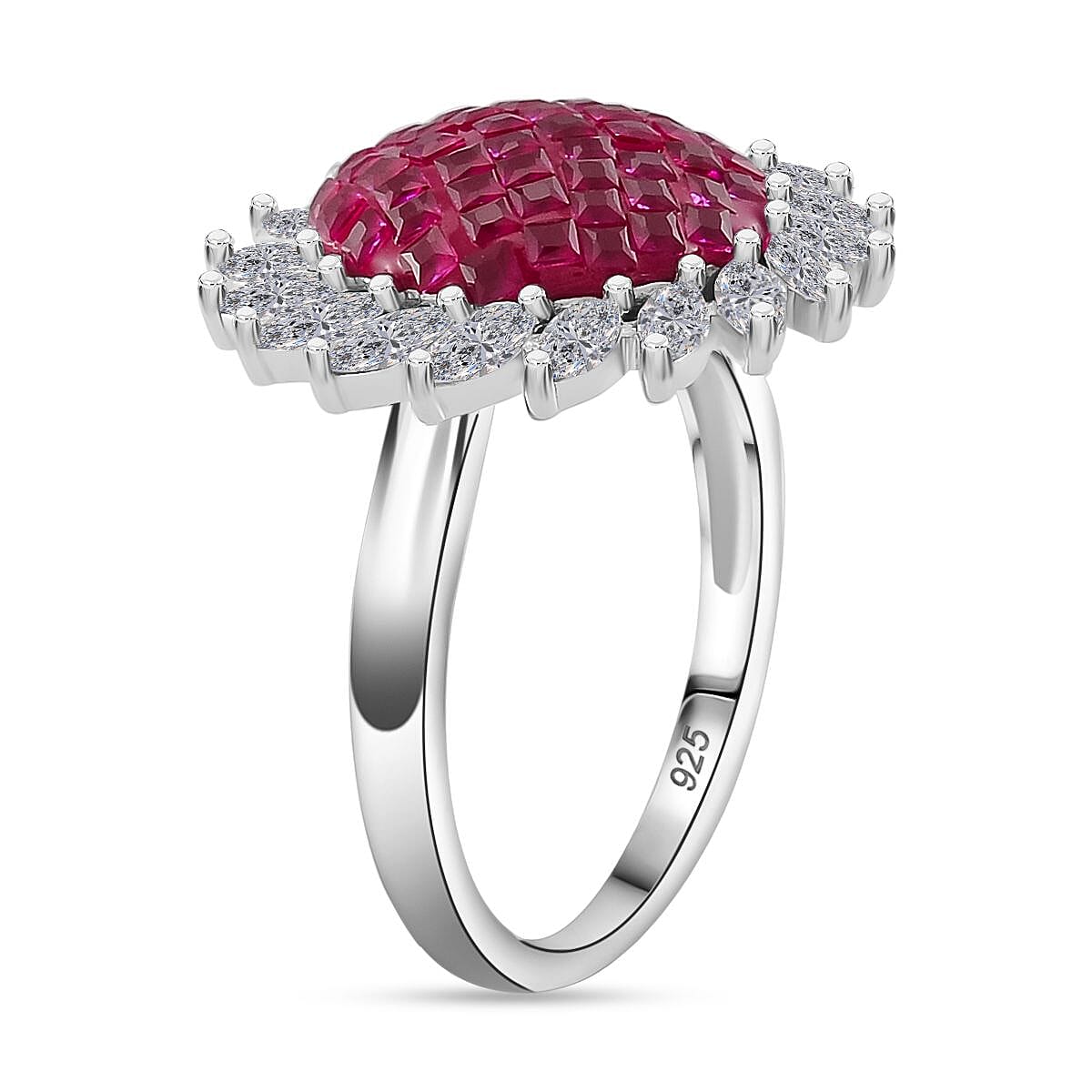 Simulated White and Ruby Color Diamond Scarlet Sunburst Ring in Rhodium Over Sterling Silver (Size 5.0) image number 3