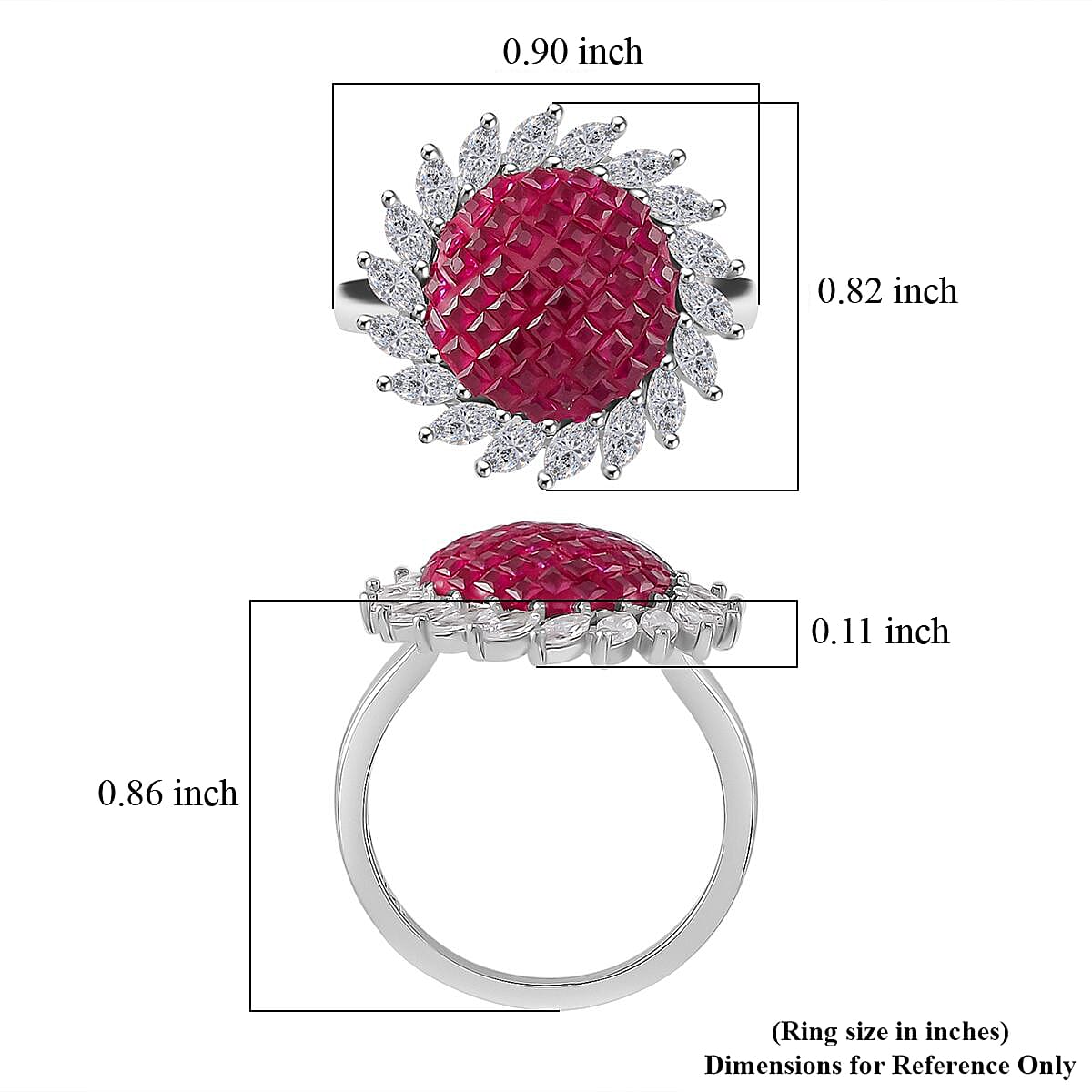Simulated White and Ruby Color Diamond Scarlet Sunburst Ring in Rhodium Over Sterling Silver (Size 5.0) image number 5
