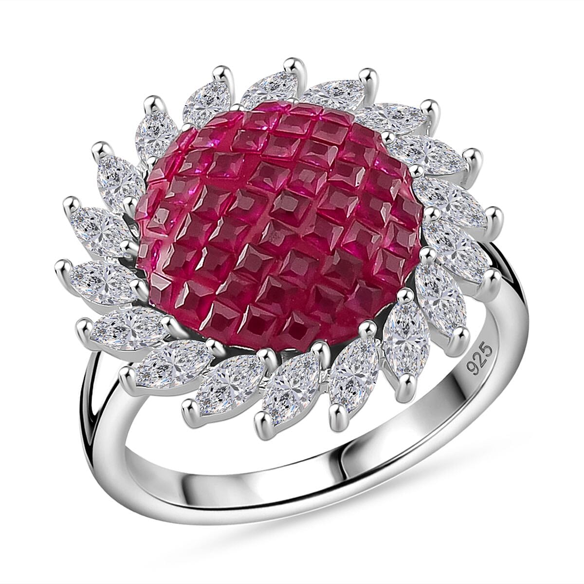 Simulated White and Ruby Color Diamond Scarlet Sunburst Ring in Rhodium Over Sterling Silver (Size 6.0) image number 0