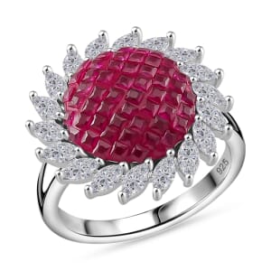 Simulated White and Ruby Color Diamond Scarlet Sunburst Ring in Rhodium Over Sterling Silver (Size 8.0)