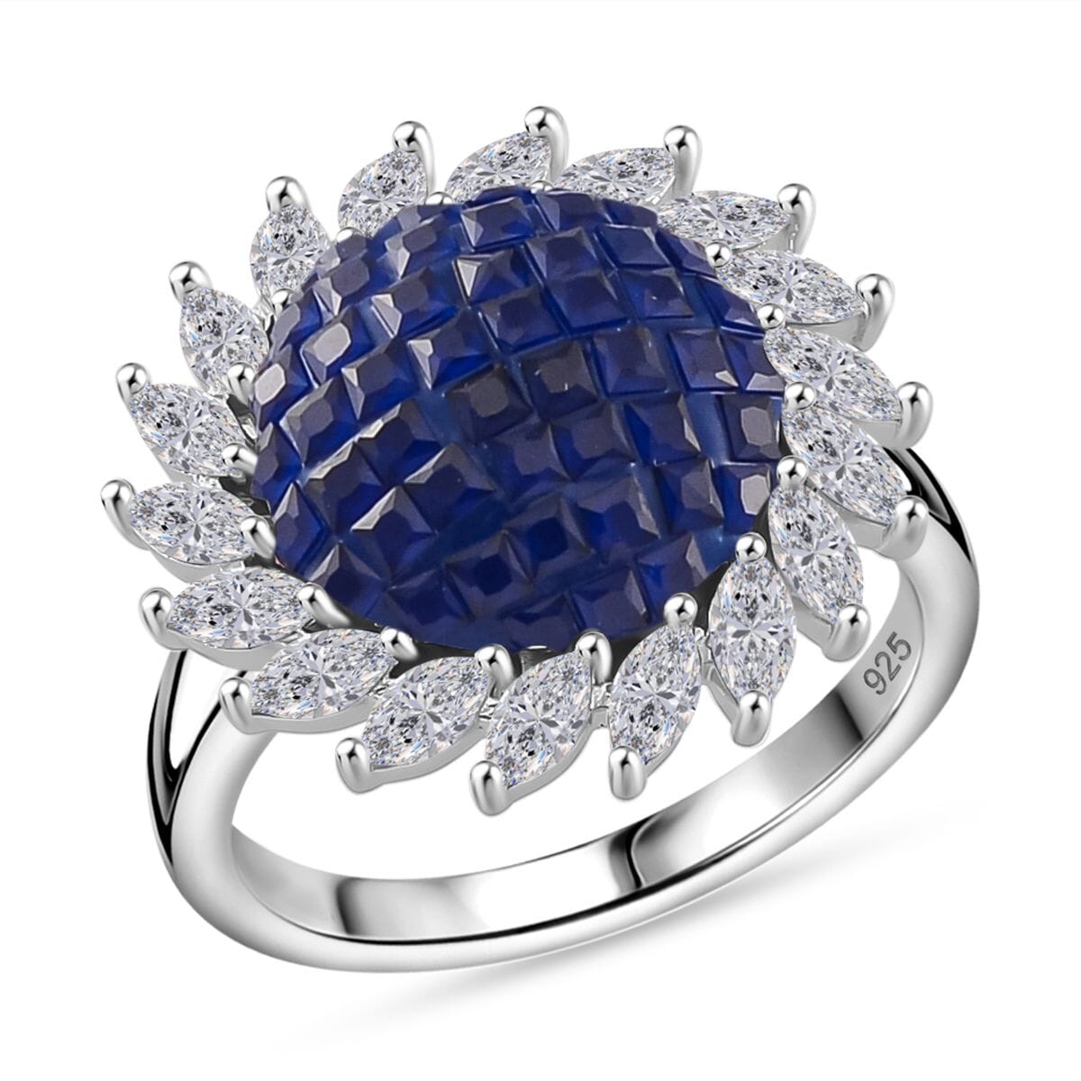 Simulated White and Blue Diamond Scarlet Sunburst Ring in Rhodium Over Sterling Silver (Size 10.0) image number 0