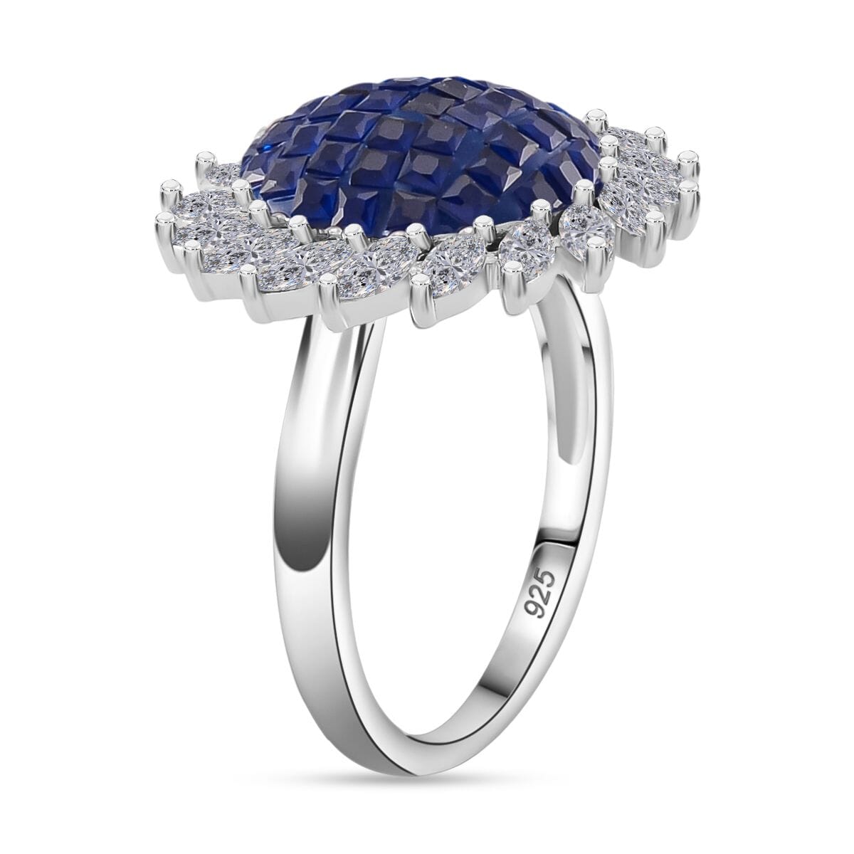 Simulated White and Blue Diamond Scarlet Sunburst Ring in Rhodium Over Sterling Silver (Size 10.0) image number 3