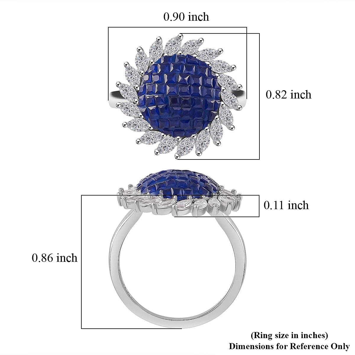 Simulated White and Blue Diamond Scarlet Sunburst Ring in Rhodium Over Sterling Silver (Size 5.0) image number 5