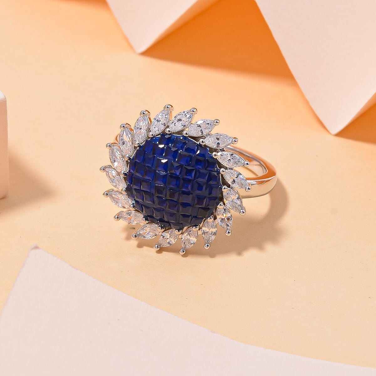 Simulated White and Blue Diamond Scarlet Sunburst Ring in Rhodium Over Sterling Silver (Size 6.0) image number 1