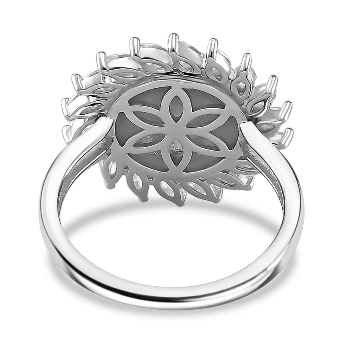 Simulated White and Blue Diamond Scarlet Sunburst Ring in Rhodium Over Sterling Silver (Size 6.0) image number 4