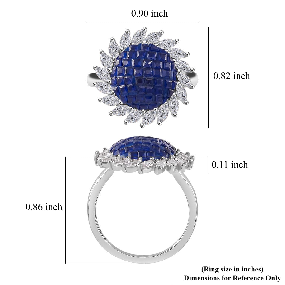 Simulated White and Blue Diamond Scarlet Sunburst Ring in Rhodium Over Sterling Silver (Size 6.0) image number 5