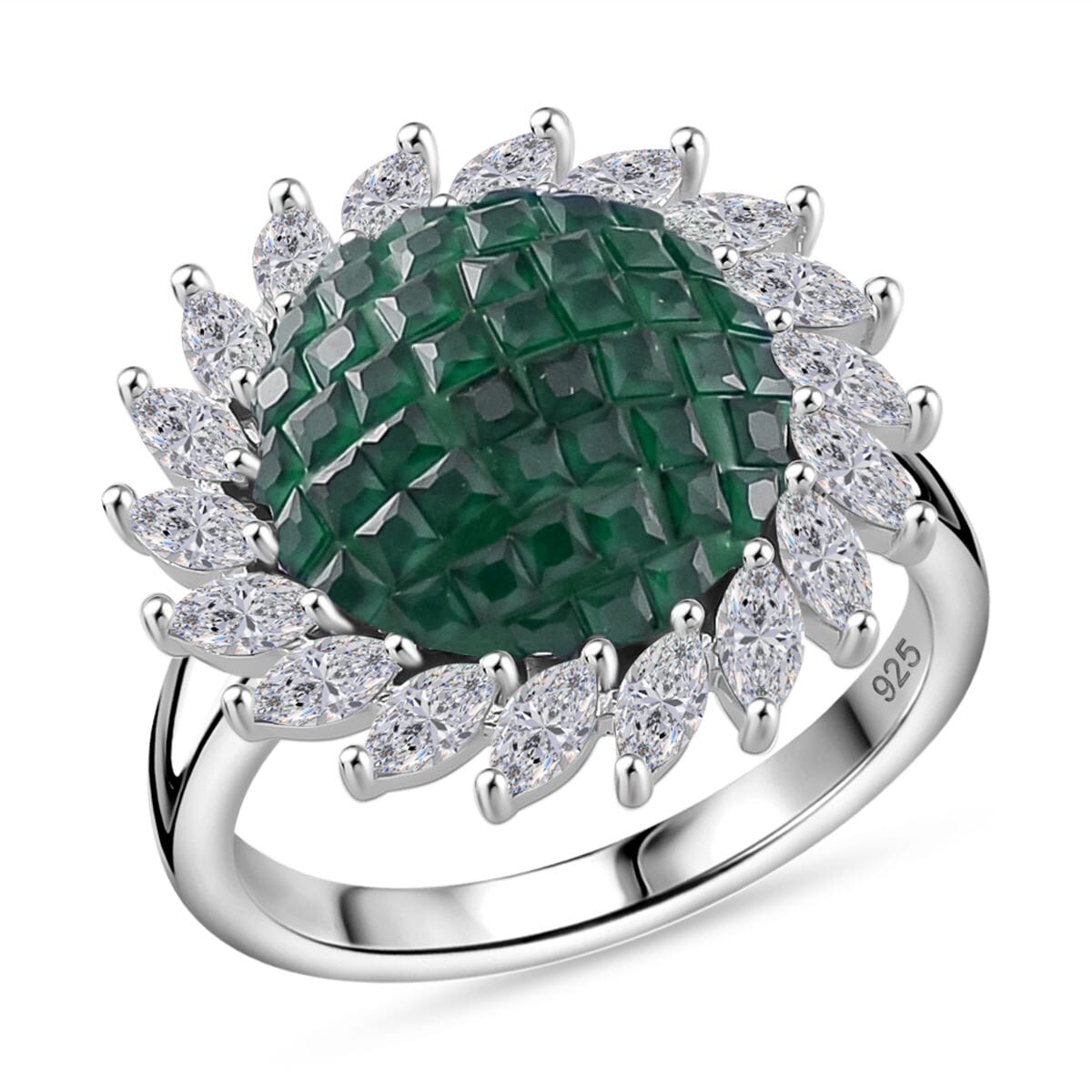 Simulated White and Green Diamond Scarlet Sunburst Ring in Rhodium Over Sterling Silver (Size 9.0) image number 0