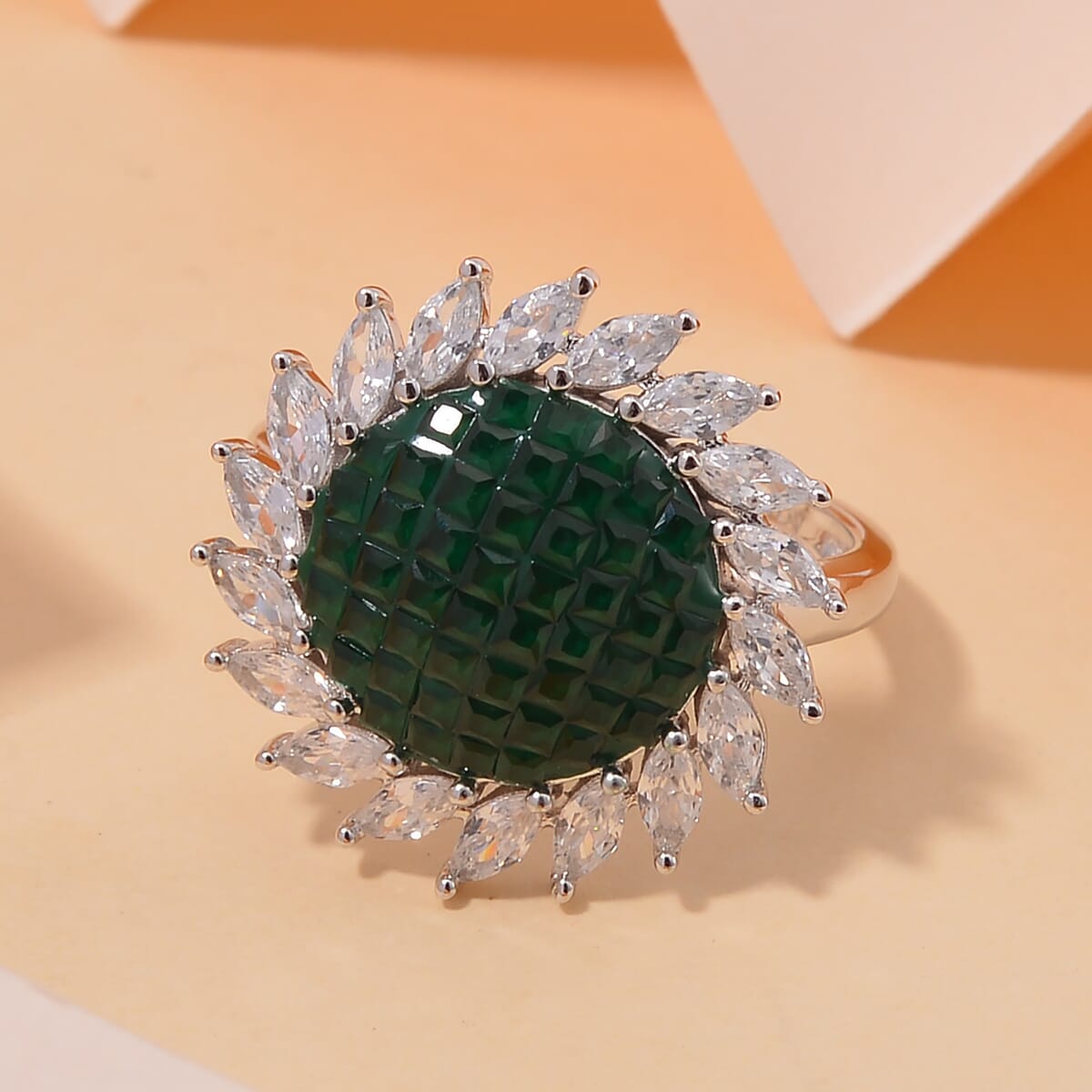 Simulated White and Green Diamond Scarlet Sunburst Ring in Rhodium Over Sterling Silver (Size 9.0) image number 1