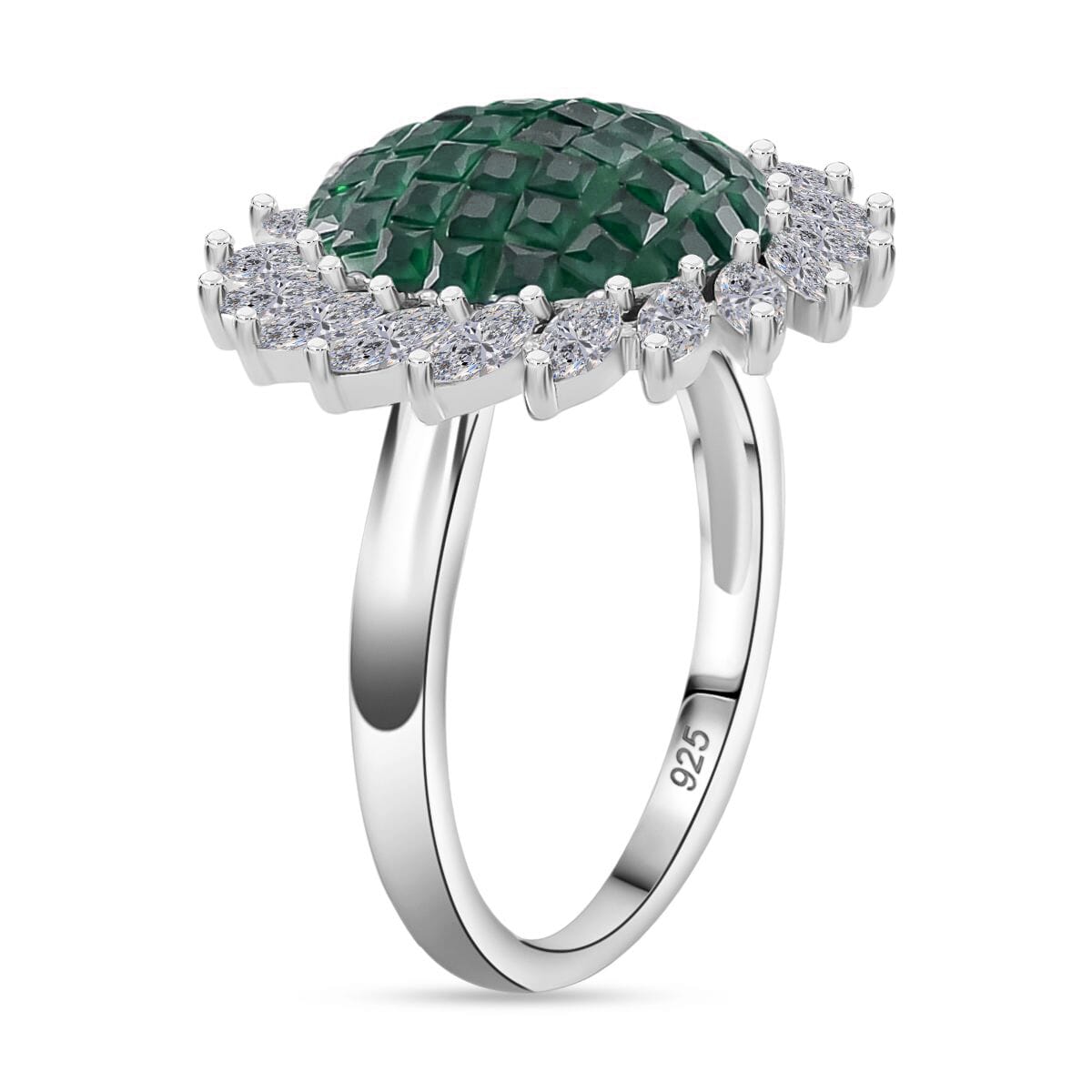 Simulated White and Green Diamond Scarlet Sunburst Ring in Rhodium Over Sterling Silver (Size 9.0) image number 3