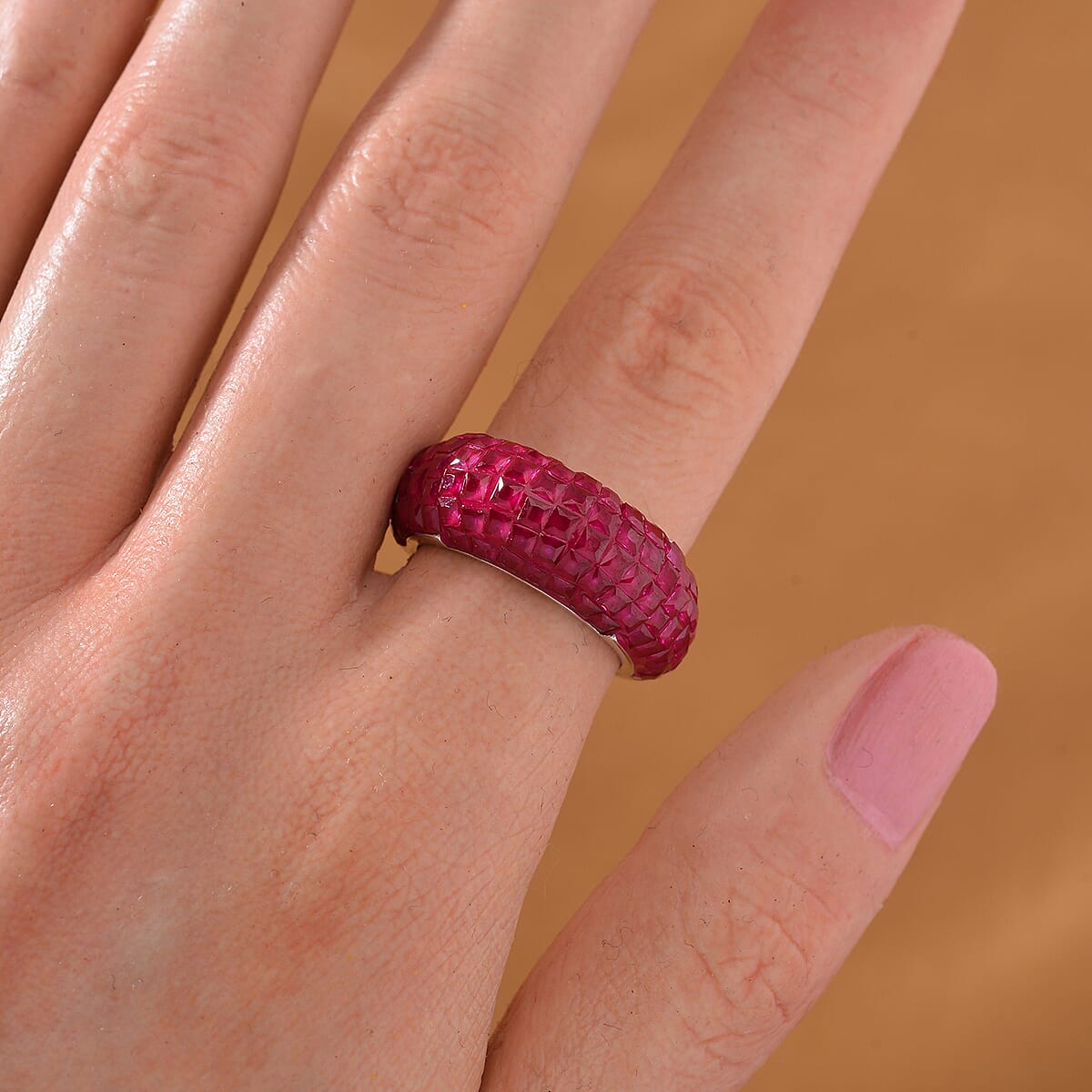 Simulated Ruby Color Diamond 5.10 ctw Ring in Rhodium Over Sterling Silver (Size 7.0) image number 1