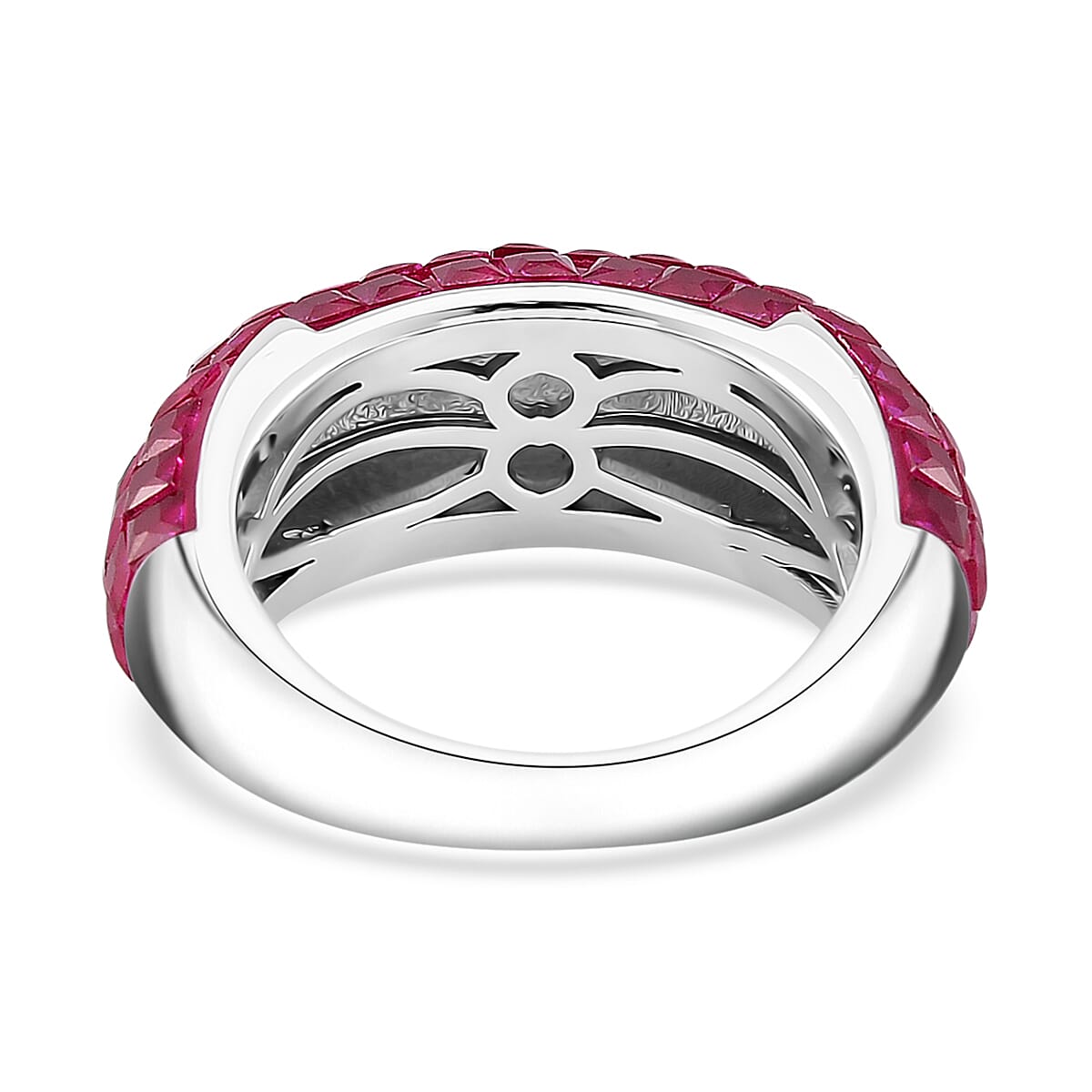 Simulated Ruby Color Diamond 5.10 ctw Ring in Rhodium Over Sterling Silver (Size 7.0) image number 3