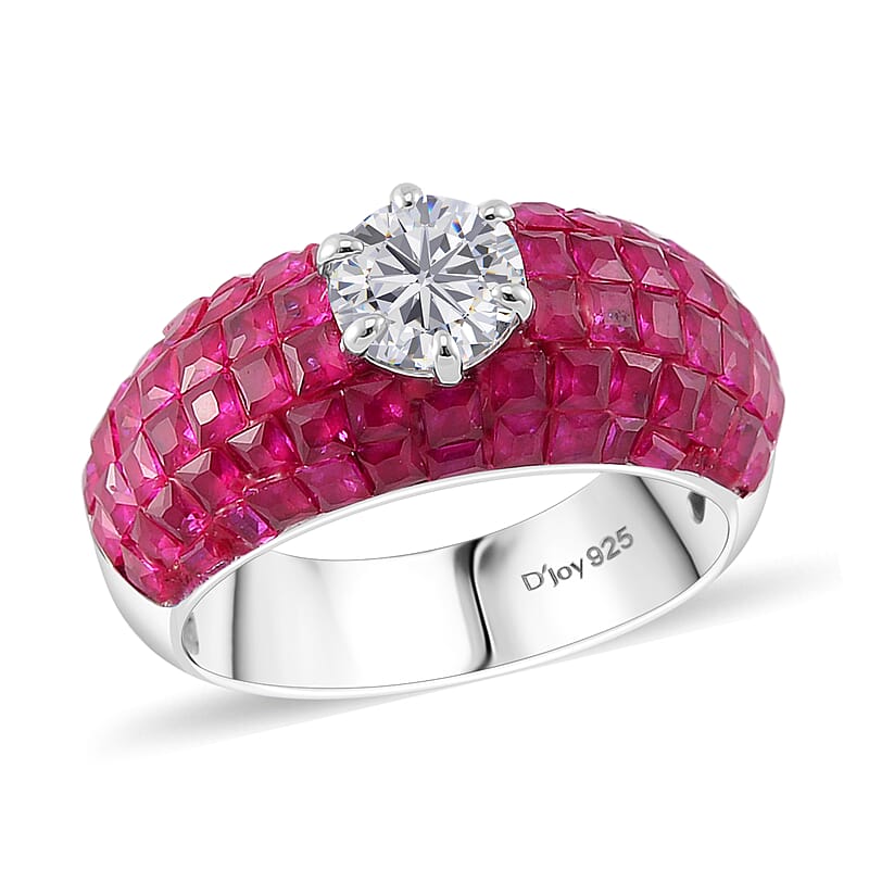 Simulated White and Ruby Color Diamond Dome Ring in Rhodium Over Sterling Silver (Size 10.0)