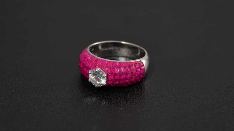 Simulated White and Ruby Color Diamond Dome Ring in Rhodium Over Sterling Silver (Size 10.0)