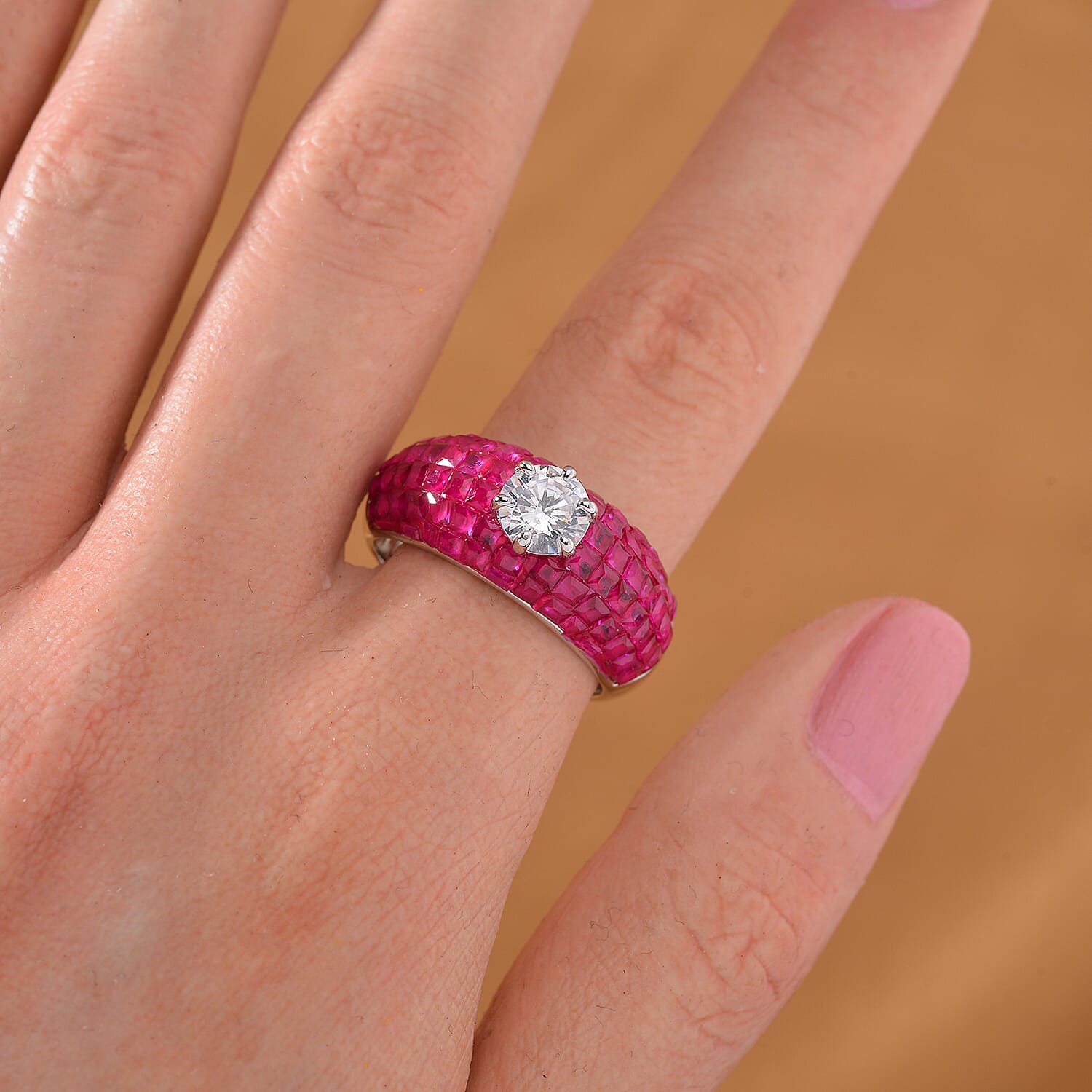 Simulated White and Ruby Color Diamond Dome Ring in Rhodium Over Sterling Silver (Size 10.0)