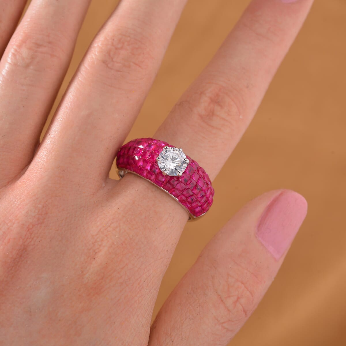 Simulated White and Ruby Color Diamond Dome Ring in Rhodium Over Sterling Silver (Size 10.0) image number 1