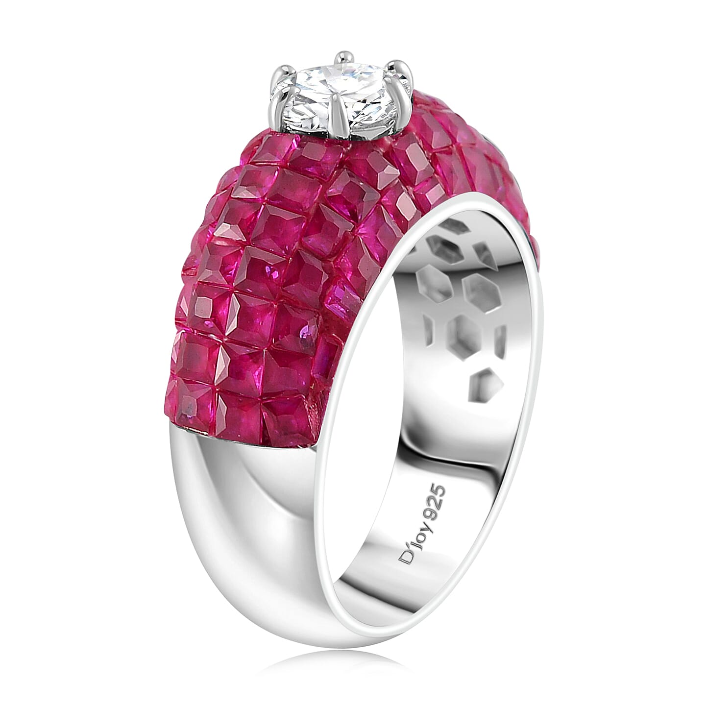 Simulated White and Ruby Color Diamond Dome Ring in Rhodium Over Sterling Silver (Size 10.0)