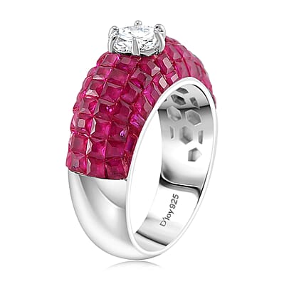 Simulated White and Ruby Color Diamond Dome Ring in Rhodium Over Sterling Silver (Size 10.0)