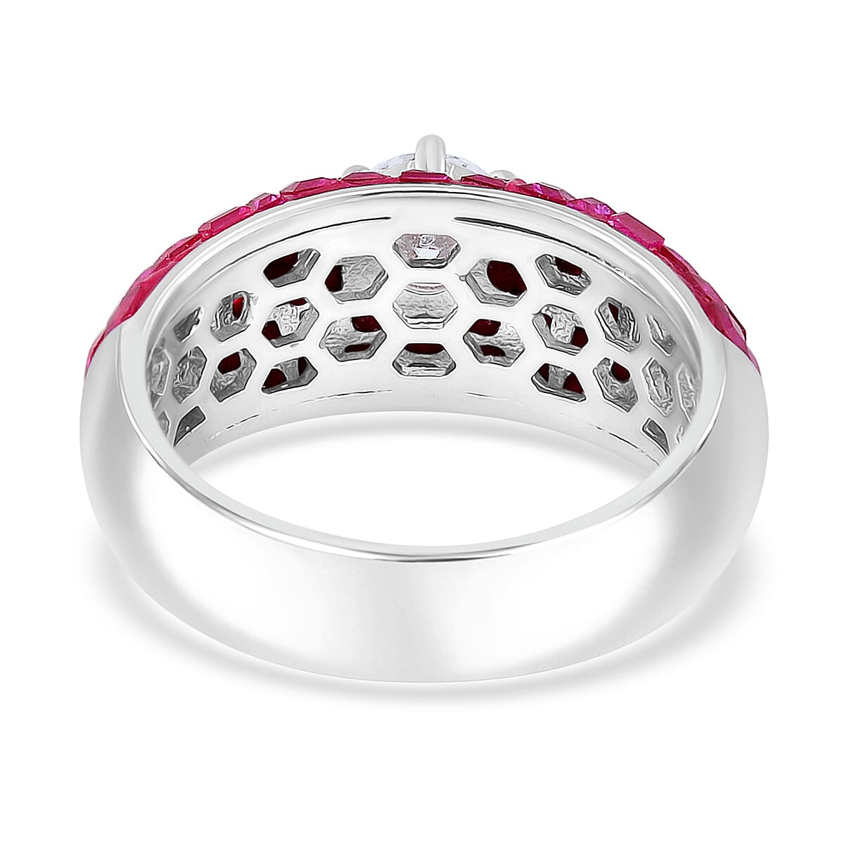 Simulated White and Ruby Color Diamond Dome Ring in Rhodium Over Sterling Silver (Size 10.0)