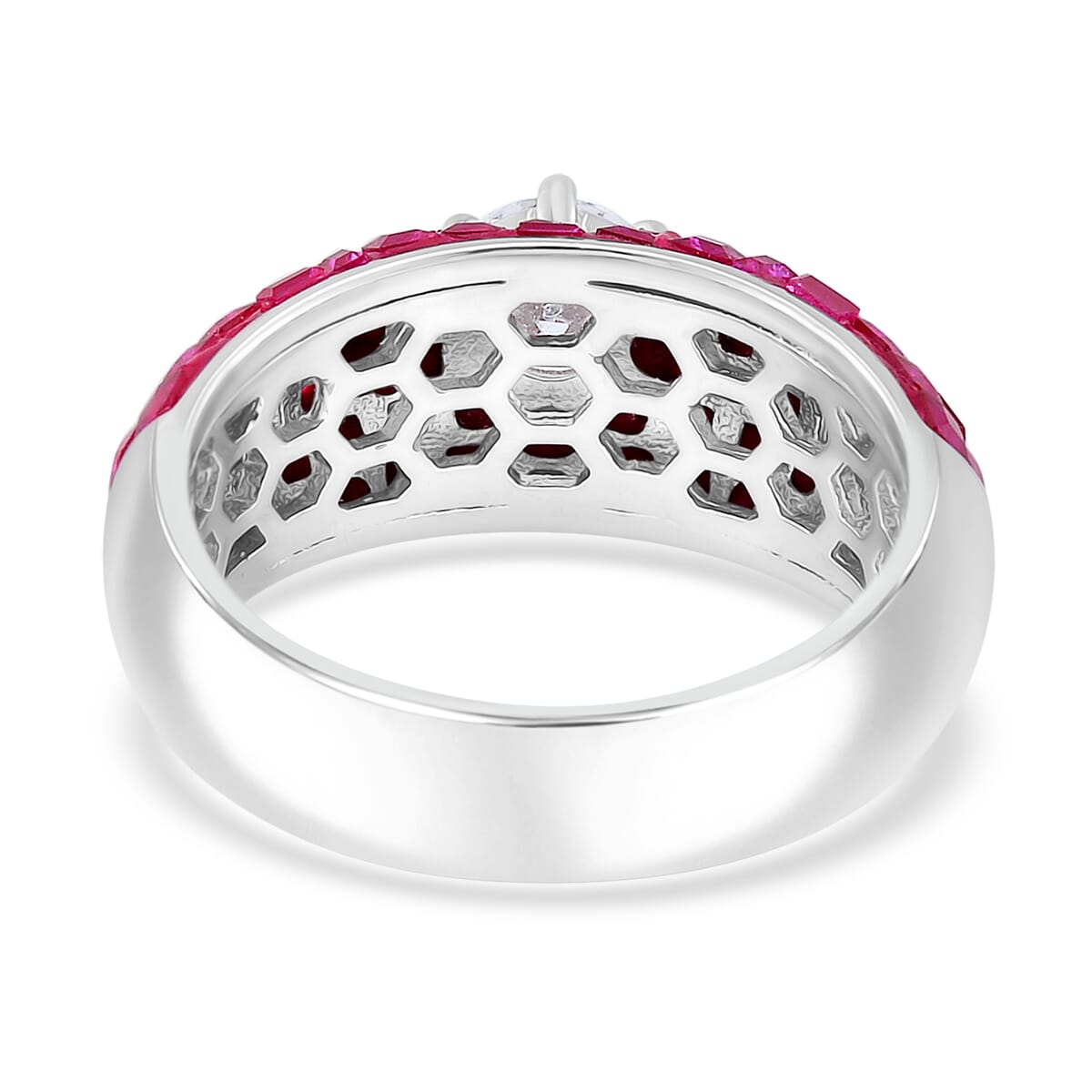 Simulated White and Ruby Color Diamond Dome Ring in Rhodium Over Sterling Silver (Size 10.0) image number 3