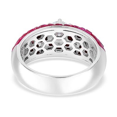 Simulated White and Ruby Color Diamond Dome Ring in Rhodium Over Sterling Silver (Size 10.0)